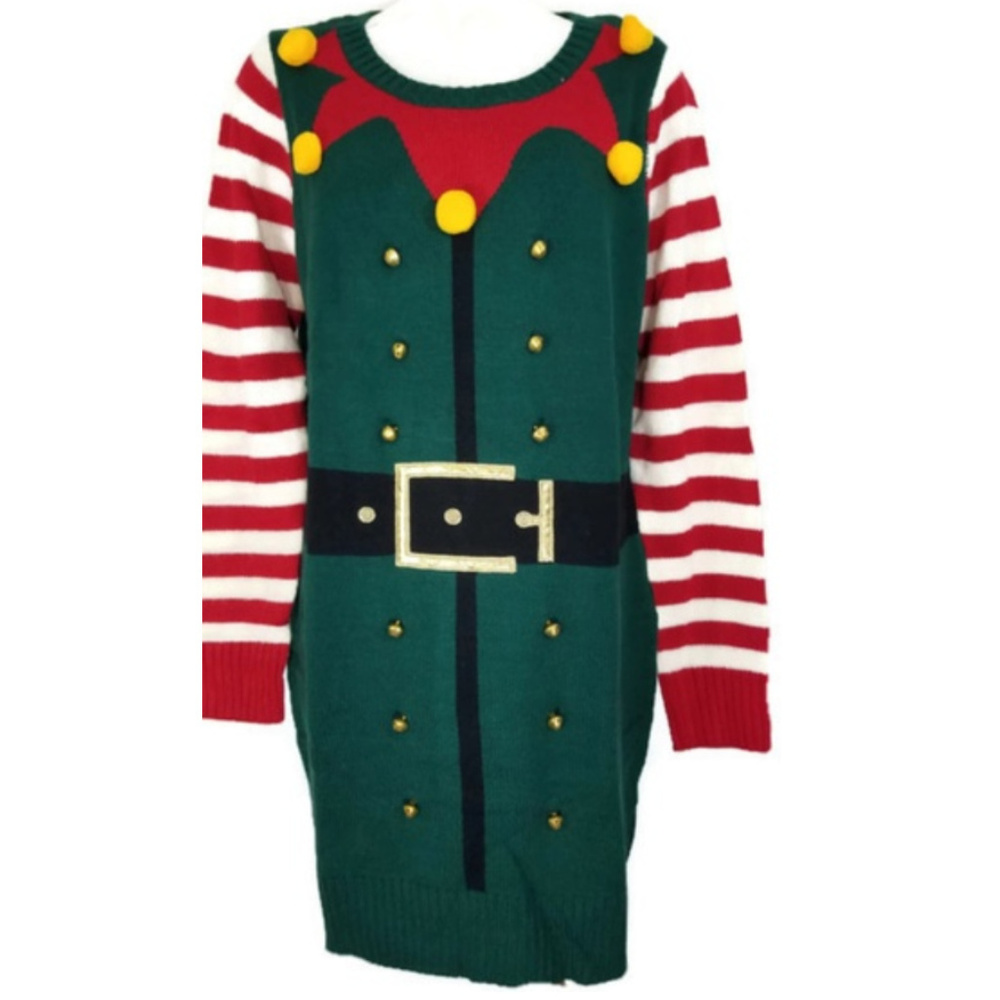 Ugly Christmas Sweater Green Elf Bells Sz